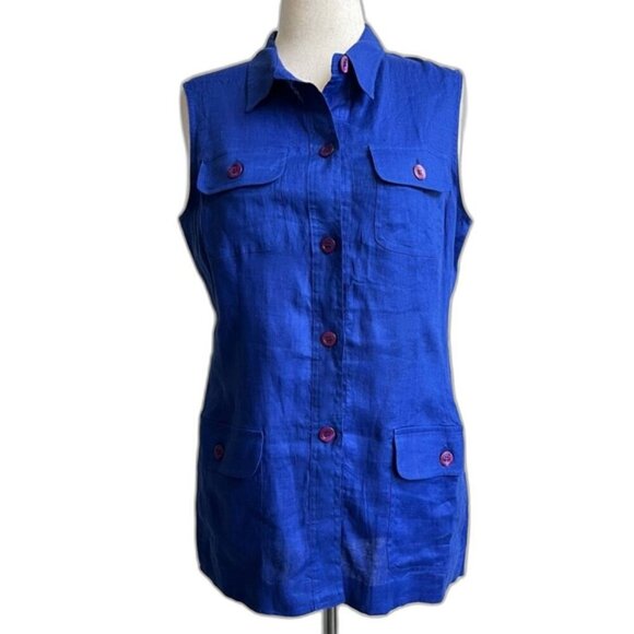 Casual Corner Womens Blue 100% linen Tunic button down vest Plus Size 14 - Picture 2 of 7